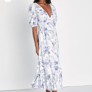 Floral V-Neck Midi Dress - White and Blue